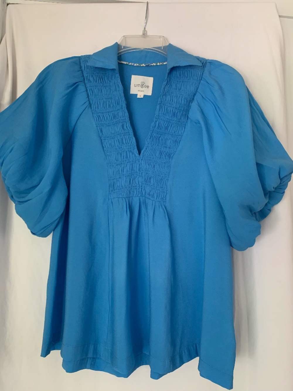 Umgee sky blue smocked neck short bubble sleeve top